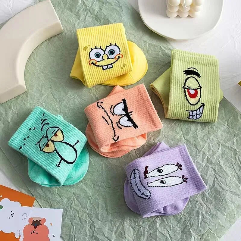 5-Pair SpongeBob Anime Cotton Socks — Breathable Long Tube Mid-Calf Socks for Boys & Girls, Comfortable Student Gift