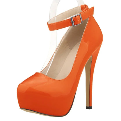 Women’s Patent Leather Stiletto Pumps – 14cm High Heels with Buckle Ankle Strap, Sexy Wedding & Fashion Shoes, Size 44