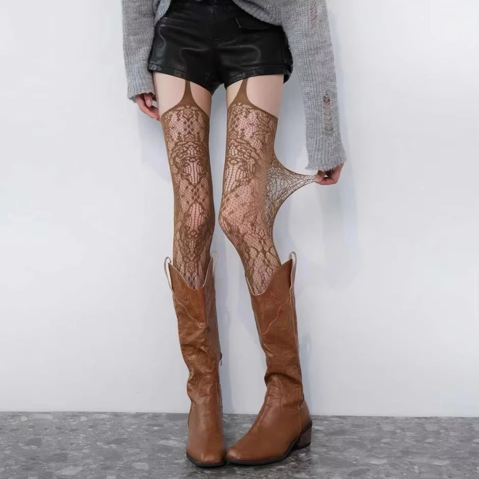 Lolita Floral Thigh High Tights - Colorful Sheer Fishnet Suspender Stockings for Girls & Women