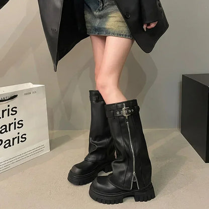 Winter Women's Biker Boots – Fashion Belt Buckle Knee-High Platform Booties