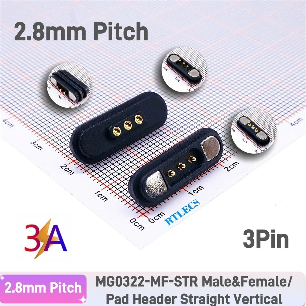 3A Magnetic Pogo Pin Connector - 2–11 Pin Spring-Loaded Male/Female Contact Strip, 2.2mm Pitch