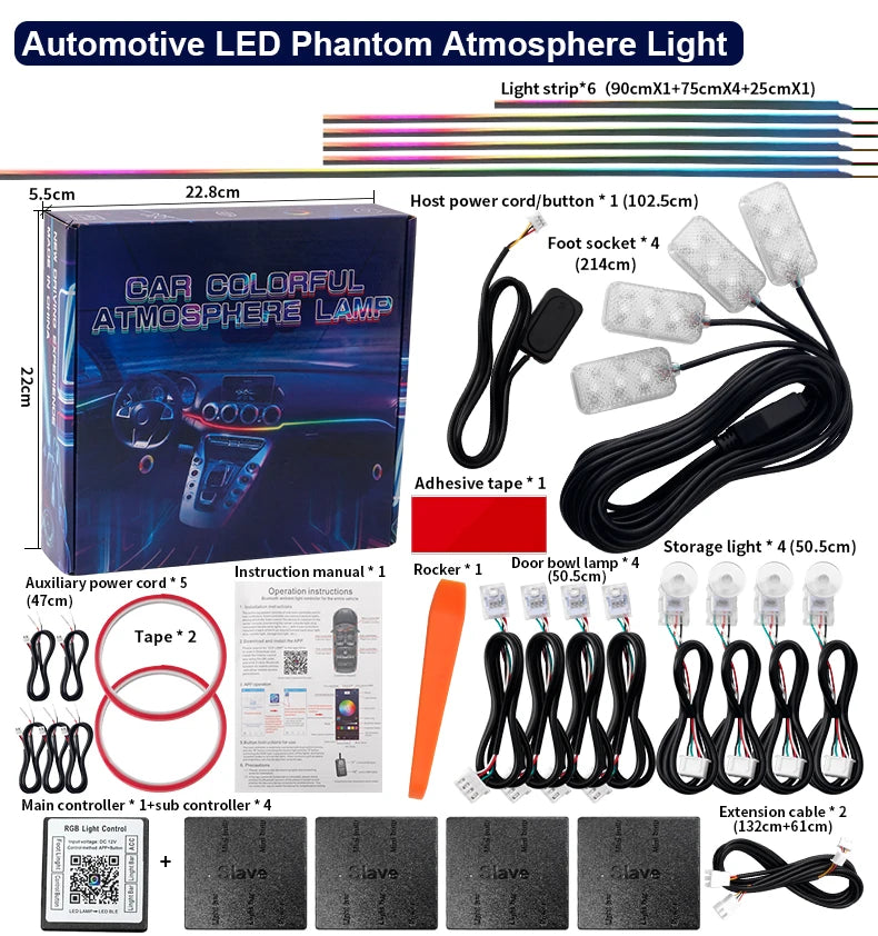 6/10/14/18-in-1 LED Car Ambient Lights – RGB 213 64-Color Acrylic Strips, Rainbow Symphony Streamer Interior Atmosphere Lamp Kit