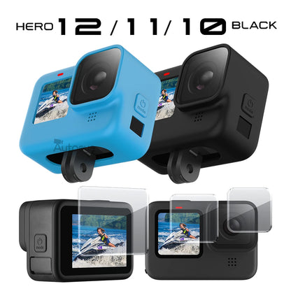 Protective Silicone Case for GoPro Hero 12/11/10/9 Black – Tempered Glass Screen Protector & Lens Cap Cover Accessory