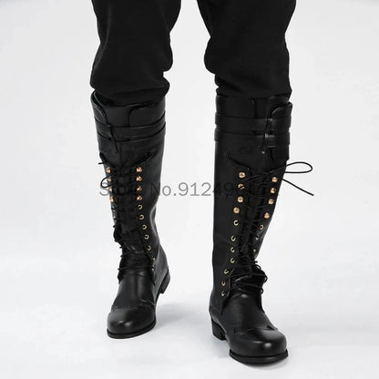 Men’s Medieval Steampunk Boots – Long Black PU Leather Cosplay Shoes for Winter LARP, Pirate, Halloween, Carnival, and Knight Costume
