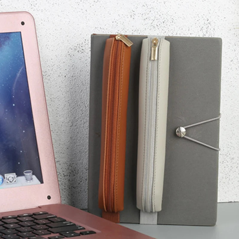 PU Leather Pencil Bag - Portable Multi-Function Storage Pouch with Elastic Band & Pen Clip for Office, Laptop & Notebook