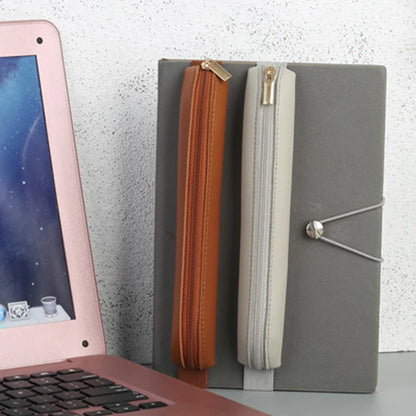 PU Leather Pencil Bag - Portable Multi-Function Storage Pouch with Elastic Band & Pen Clip for Office, Laptop & Notebook