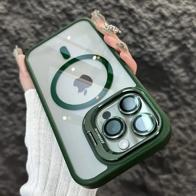 Luxury Magnetic Shockproof Phone Case - MagSafe Compatible iPhone Cover with Stand & Glass Lens Protection for iPhone 17 16 15 14 13 12 11 Pro Max