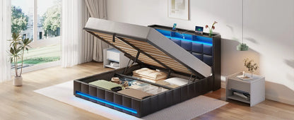 Twin Size Bed Frame with Lift-Up Storage – Charging Station, LED Lights & Upholstered Headboard, Heavy Duty Wooden Slats