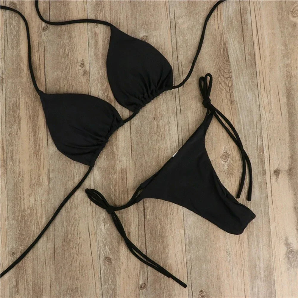 3-Piece Sexy Halter Bikini Set - Solid Color Thong Swimsuit for Beach & Swimwear