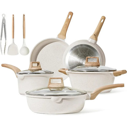11 Piece White Granite Nonstick Cookware Set - Induction Kitchen Pots and Pans with Frying Pans