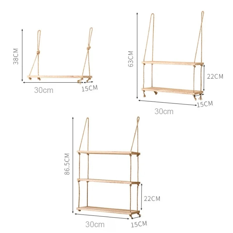 Wooden Floating Shelves for Wall | 1/2/3-Tier Plant and Flower Storage with Swing Hanging Rope | Home Living Room Decor