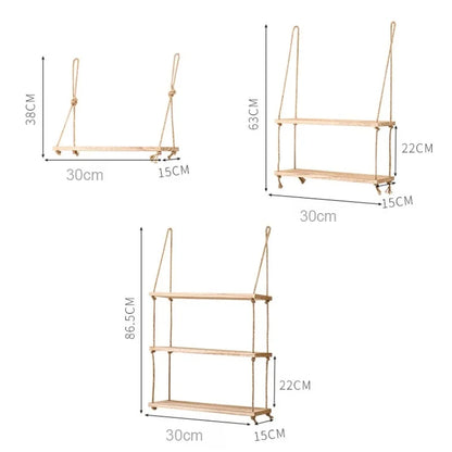 Wooden Floating Shelves for Wall | 1/2/3-Tier Plant and Flower Storage with Swing Hanging Rope | Home Living Room Decor