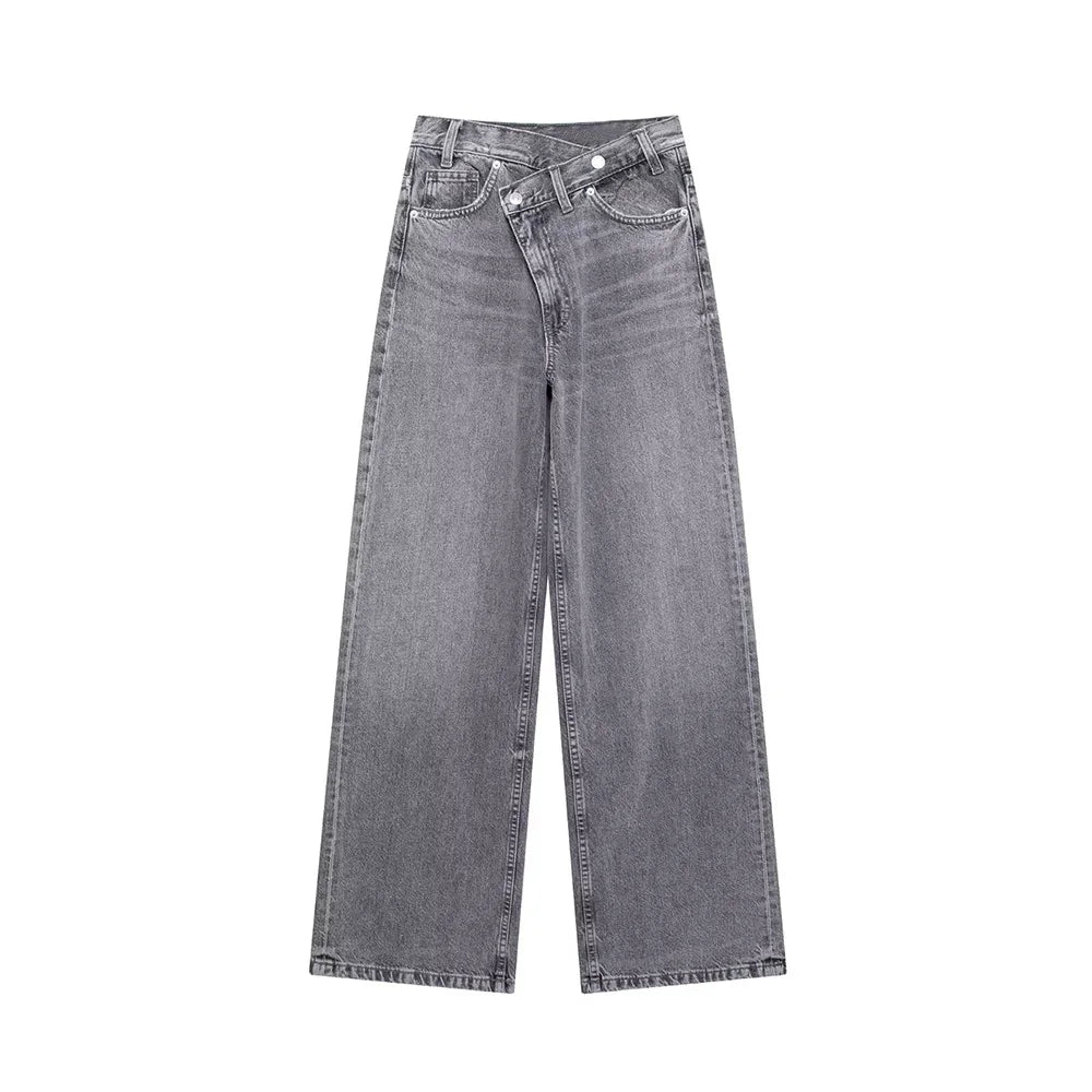 TRAF Women’s Basic Hundred Jeans — High Waist Asymmetric Wide-Leg Trousers, Casual Straight-Leg Fashion Jeans