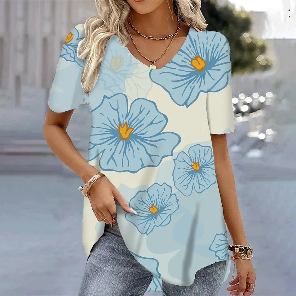 3D Floral Print T-Shirt - Women's Harajuku Casual Loose Fit Summer Crewneck Top