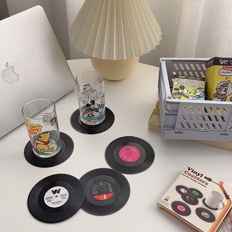 2/4/6PCS Retro Vinyl Record Drink Coasters | Anti-Slip Heat Resistant Mug Mats | Music-Themed Coffee Table Placemats Decor