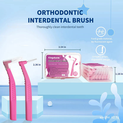 Kingubznis Interdental Brush Set - Stainless Steel Orthodontic Dental Floss Brushes with Angled Short Handle