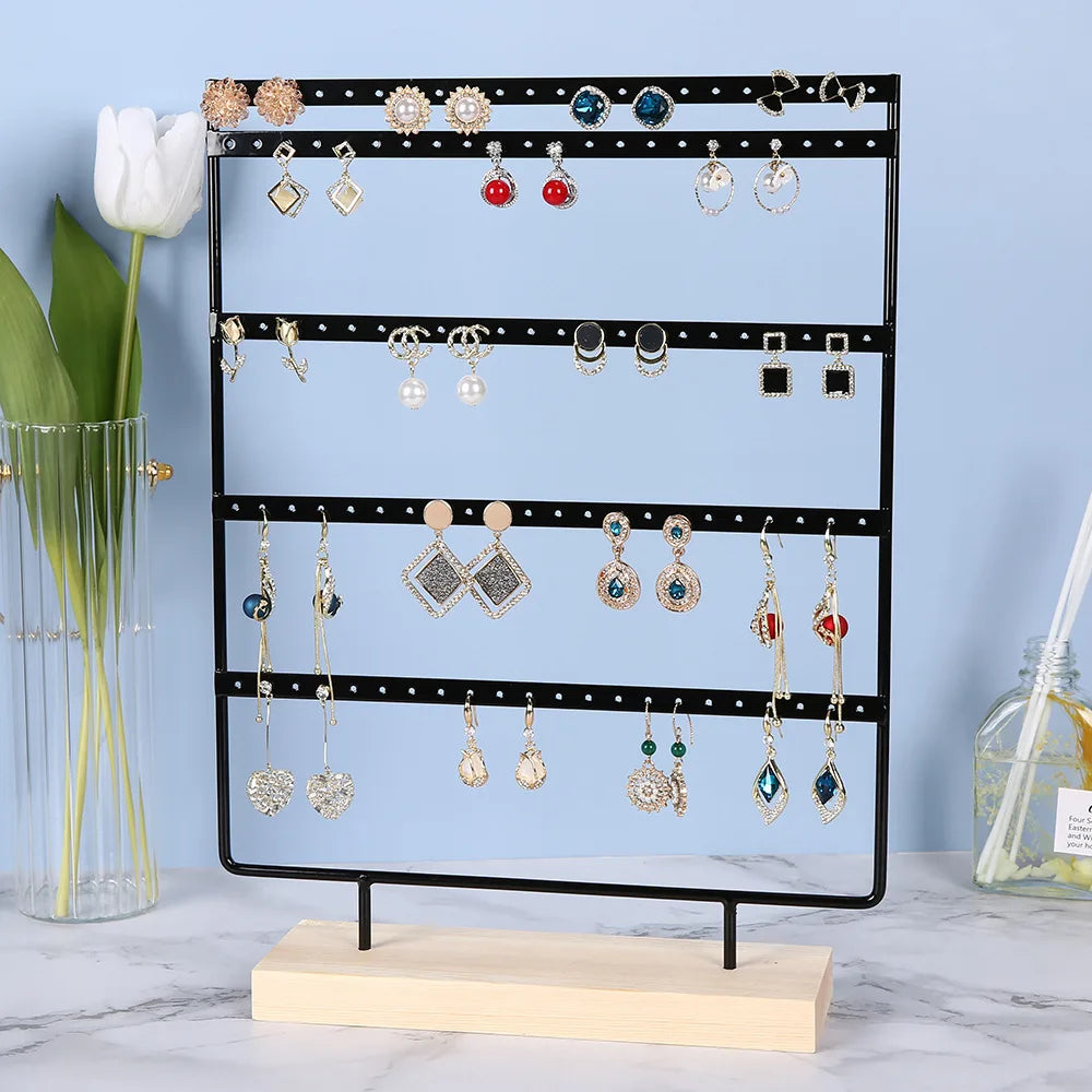 5-Tier Earring Display Stand - 100 Holes Metal Jewelry Organizer with Wooden Base Storage Rack
