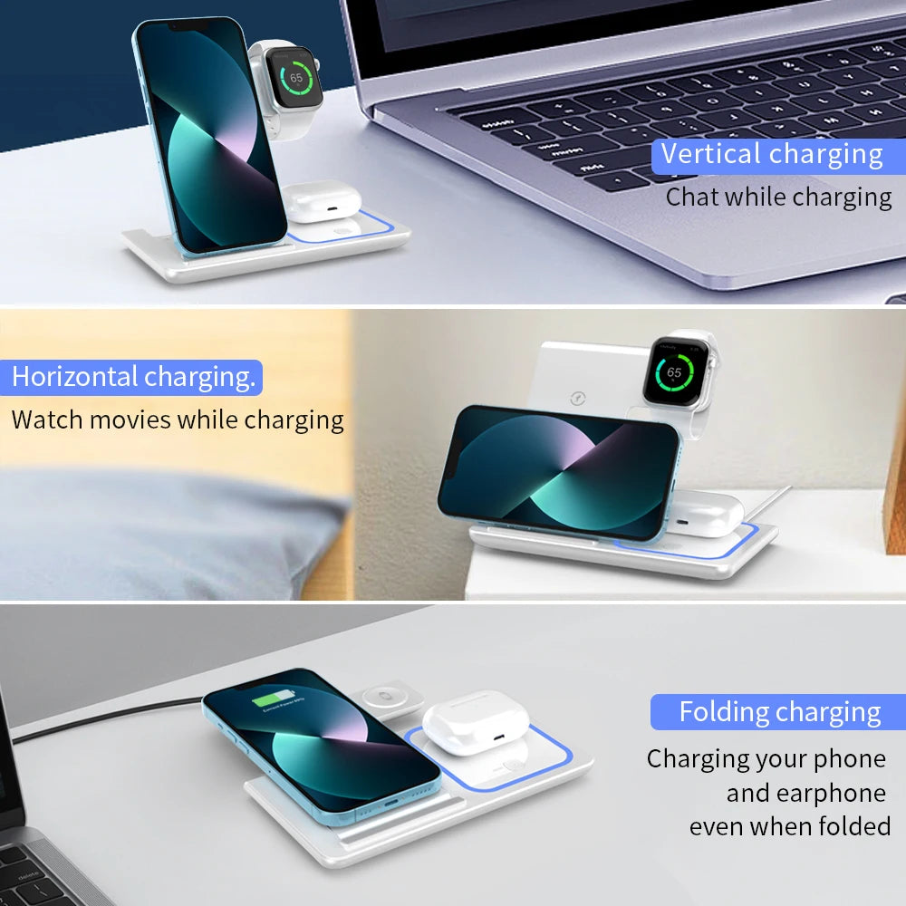 200W 3-in-1 Wireless Charging Stand – Foldable Fast Charging Dock for iPhone 16-8, Apple Watch & AirPods