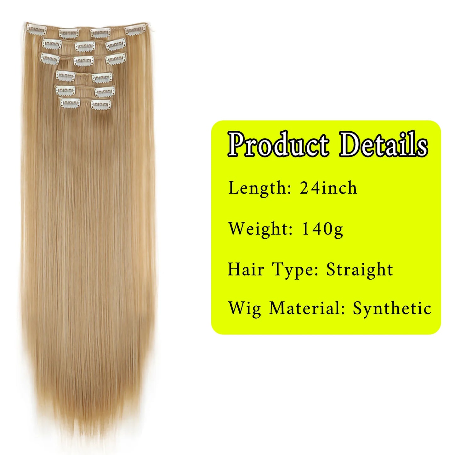 24-Inch 16 Clips-in Hair Extensions – Long Straight Synthetic Blonde & Black Hairpieces, Heat Resistant for Daily Use