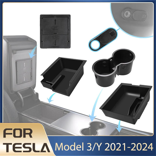 Tesla Model Y/3 Center Console Storage Box – Hidden Organizer Tray & Webcam Cover (2021–2024 Accessories)