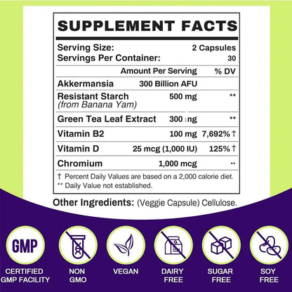 300 Billion AFU Akkermansia Muciniphila Probiotic – Live Digestion Support Supplement