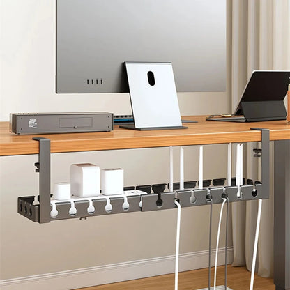Under Desk Storage Rack – No Drill Metal Cable Management Tray, Retractable Power Strip & Wire Organizer for Home Office Desk Setup