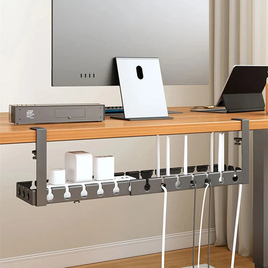 Under Desk Storage Rack – No Drill Metal Cable Management Tray, Retractable Power Strip & Wire Organizer for Home Office Desk Setup