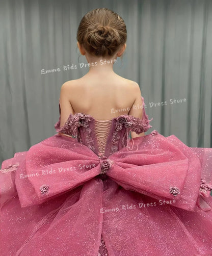 Lace Flower Girl Dress - 3D Floral Appliqué, Beading & Long Bow Ball Gown