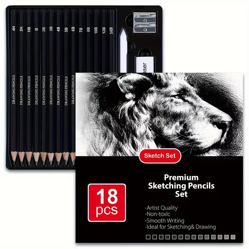 Brutfuner Professional Drawing Pencil Set - 18/29pcs Artist Sketching Kit with Charcoal, Eraser & Sharpener