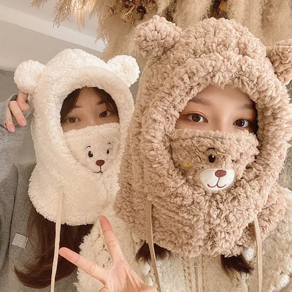 Winter Cartoon Bear Lamb Hat with Mask – Thickened Warm Beanie with Ear Protection for Women & Girls