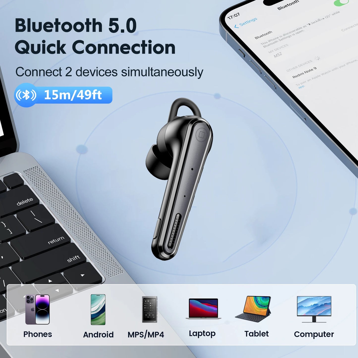 New Bee M52 Bluetooth 5.0 Headset – Wireless Single-Ear Business Earbuds with Dual Mic, Mute Function, 500mAh Charging Case for Driving Handsfree