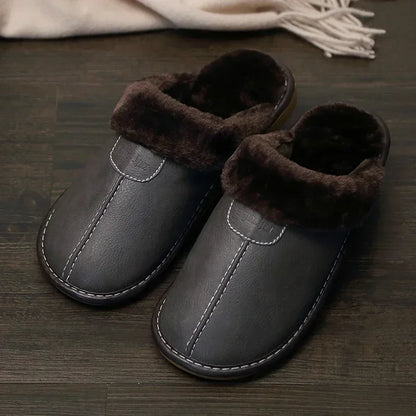 Men’s Winter Leather Slippers — Waterproof, Thick Velvet Cotton Indoor Home Shoes, Warm Bedroom Footwear