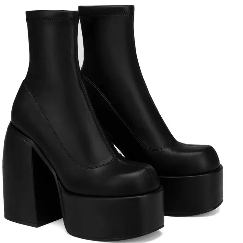 Women’s New Fashion Short Boots – Sexy Leather, Square Toe, Zipper High Heels, Casual Thick-Soled Shoes Zapatos