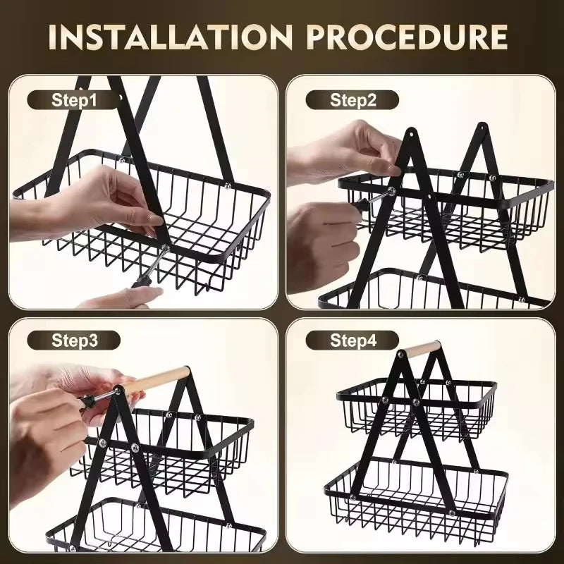 3-Tier Countertop Fruit Basket - Portable Iron Kitchen Organizer for Fruits, Bread & Snacks Storage