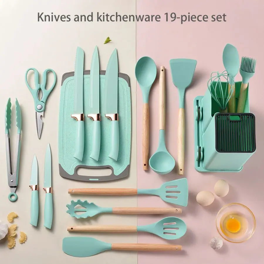 19-Piece Food Grade Silicone Kitchenware Set – Cooking Spoon, Shovel, Cutting Board, Fruit Knife & Chef Knife