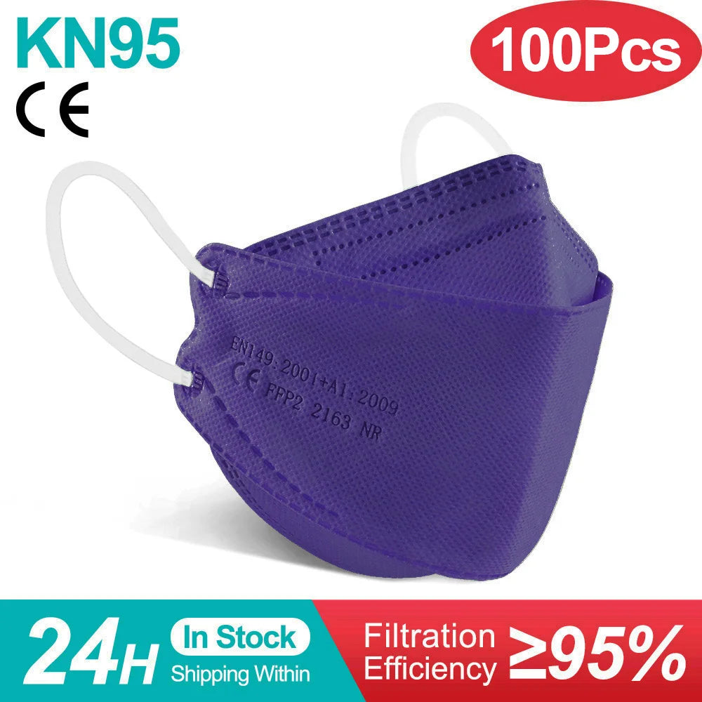 10-100PCS FFP2 Face Masks — CE Approved Disposable KN95 KF94 Black Fish Style Protective Masks