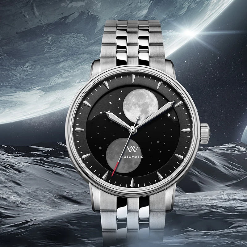 WM Welly Merck Automatic Mechanical Men's Watch — Lunar Moon Phase, Sapphire, Waterproof, Luminous Twin Moons WM142