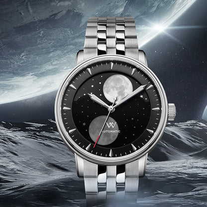 WM Welly Merck Automatic Mechanical Men's Watch — Lunar Moon Phase, Sapphire, Waterproof, Luminous Twin Moons WM142