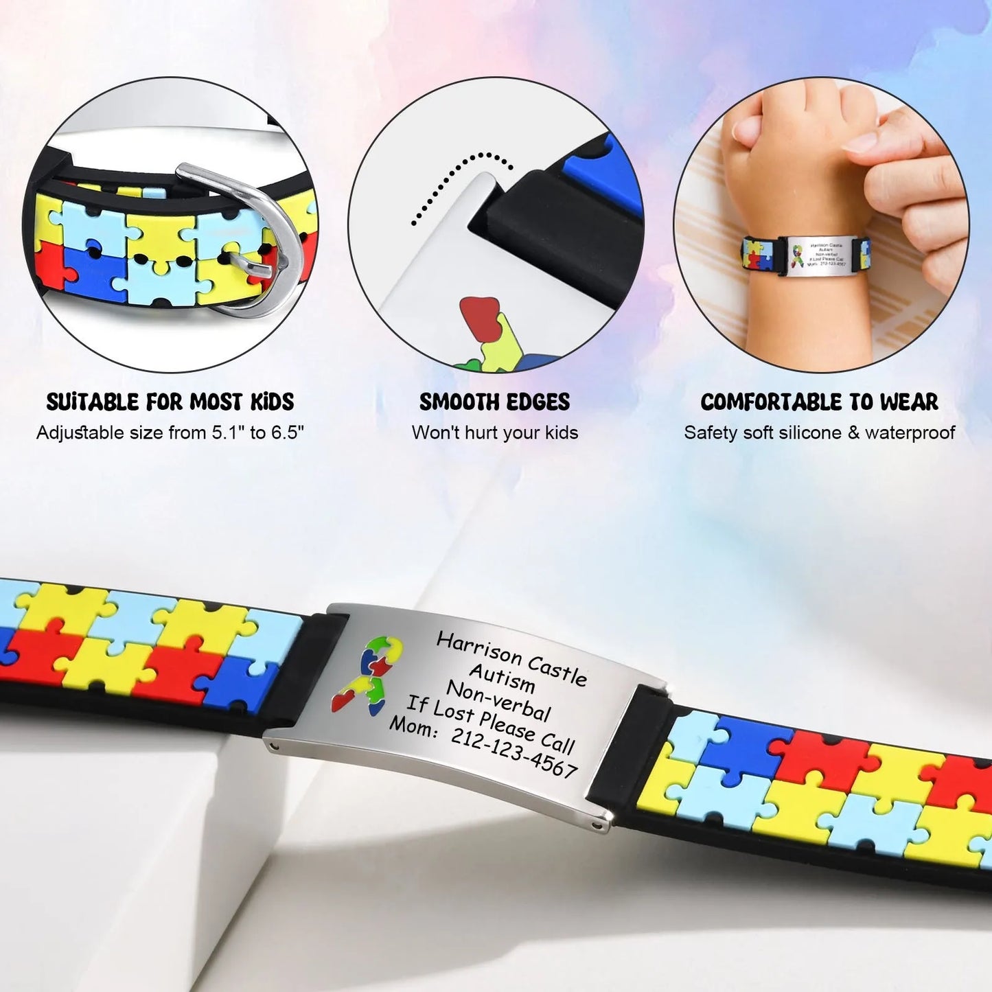 Personalized Autism & Asperger’s Medical Alert Bracelet for Kids – Adjustable Engraved Silicone ID Bracelet for Boys & Girls Gift