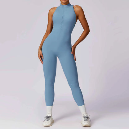 Women’s V-Back One-Piece Sports Jumpsuit — Sleeveless Yoga Romper with Zipper Workout Bodysuit