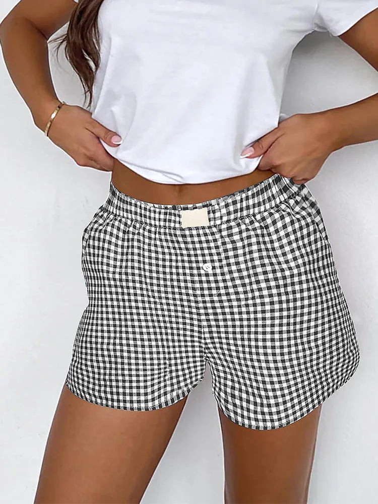 Women’s Teen Girls Elastic Waist Pull-On Red & Blue Plaid Casual Lounge Summer Shorts