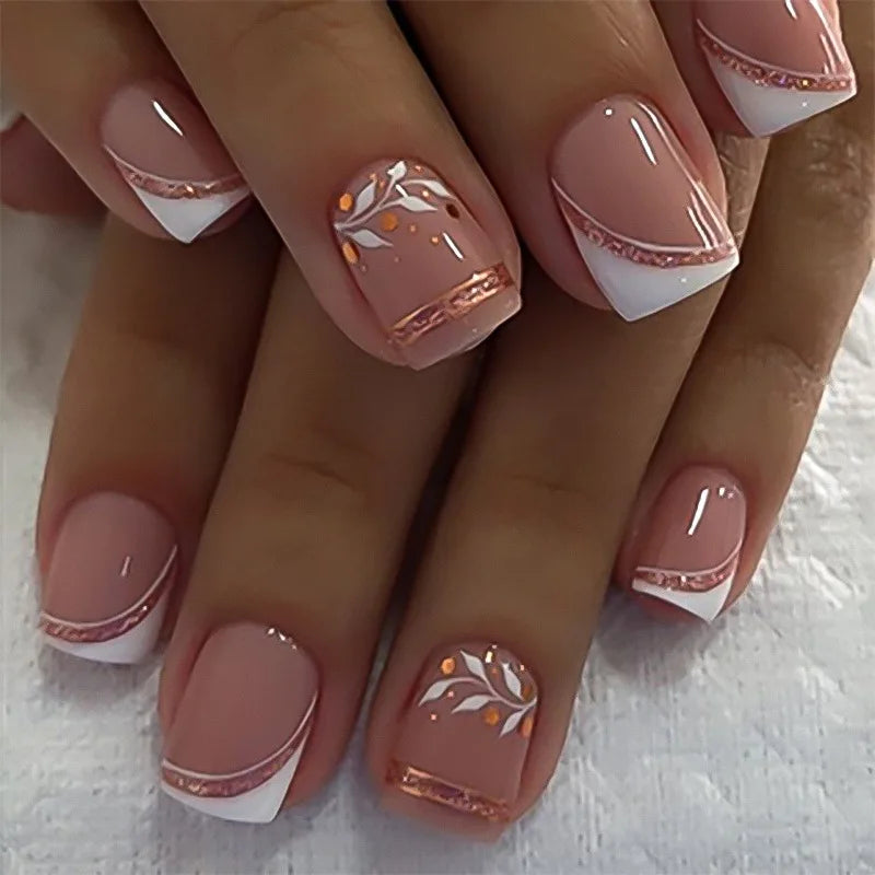 24PCS Short Press On Nails - Shimmer Ballet French Full Cover Artificial Nail Tips for Daily Manicure Style