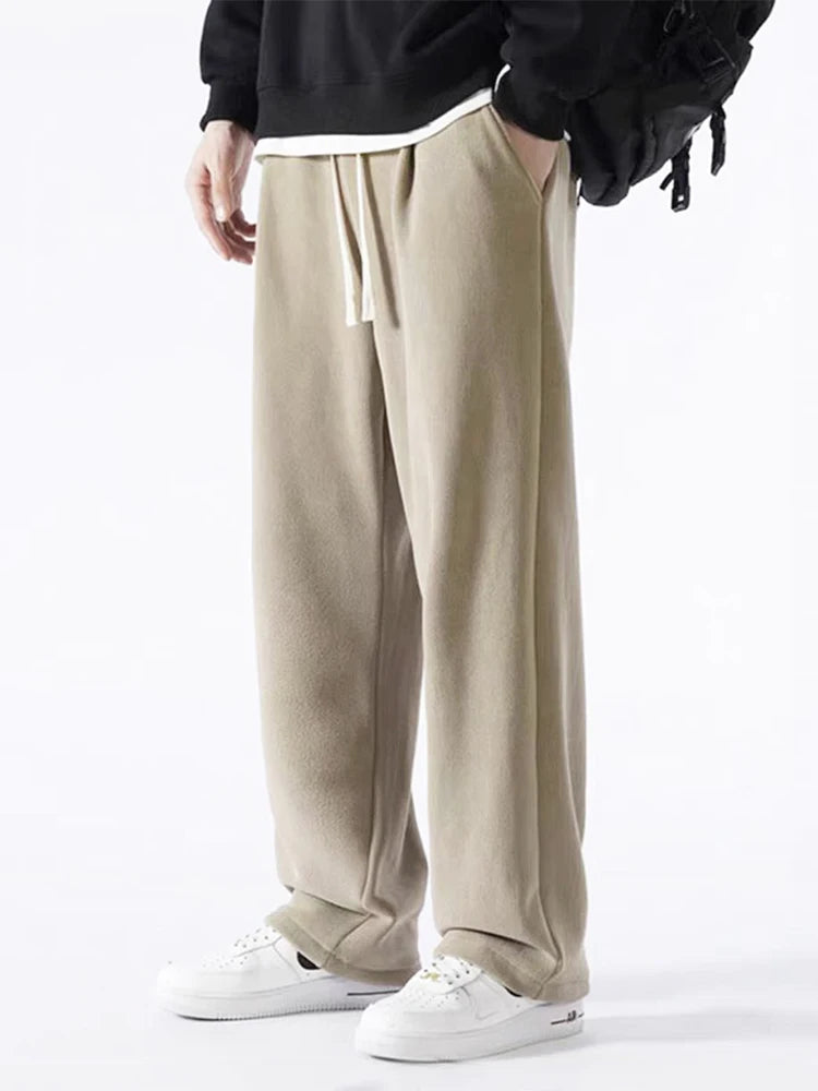 Winter Men’s Korean Fashion Fleece Sweatpants – Thick Warm Wide Leg Loose Thermal Track Pants