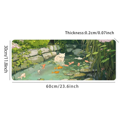 Cute Cartoon Cat Fish Mouse Pad – Large Green Anti-Slip Rubber Desk Mat, Perfect Gift for Women & Girlfriend