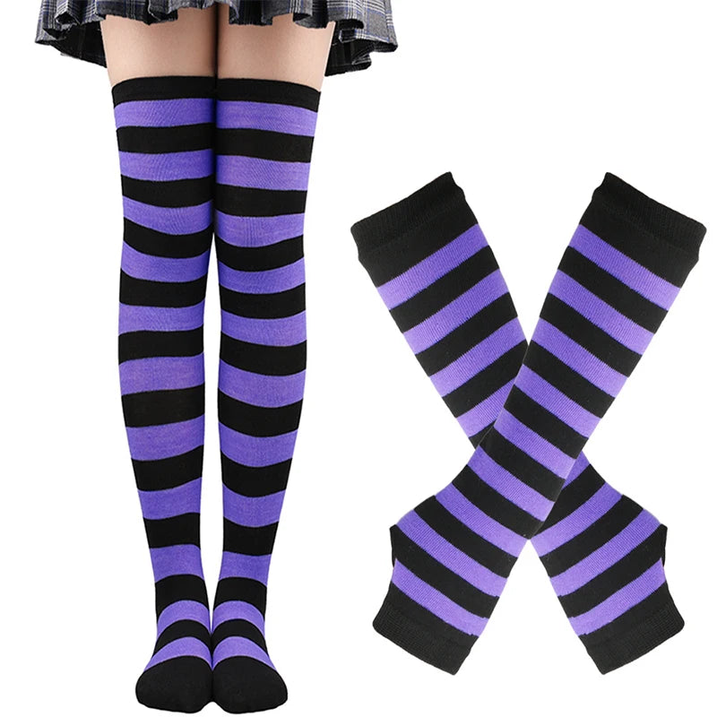Women’s Over-Knee Long Stripe Socks & Arm Sleeve Gloves – Cute Plus Size Thigh High Cotton Socks