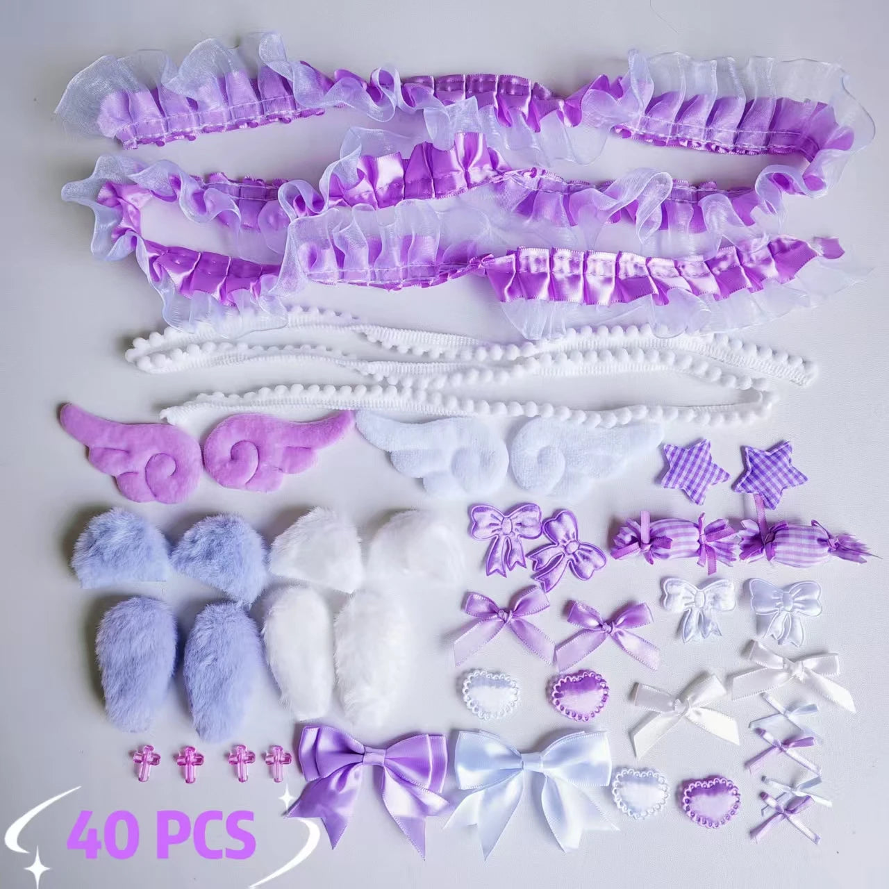 40Pcs Lace Handmade Craft Kit - Plush Bunny Ears Angel Wings Heart Star Clothing Accessories Set