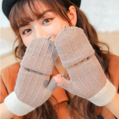 Knitted Fingerless Gloves for Men and Women - Autumn and Winter Windproof Woolen Gloves with Flip Cover for Outdoor Warmth