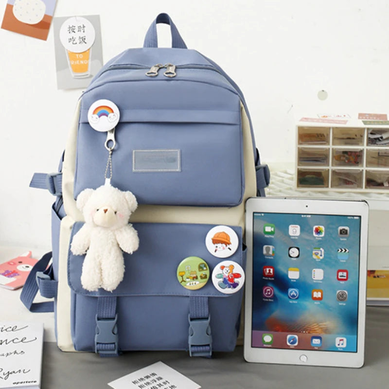 5-Piece School Bag Set – Canvas Backpacks for Teenage Girls & Women, Solid Color Student Schoolbags