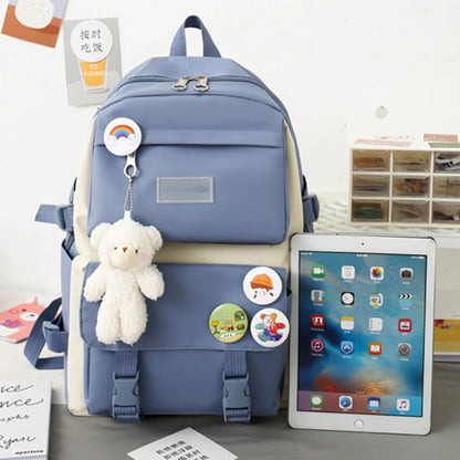 5-Piece School Bag Set – Canvas Backpacks for Teenage Girls & Women, Solid Color Student Schoolbags