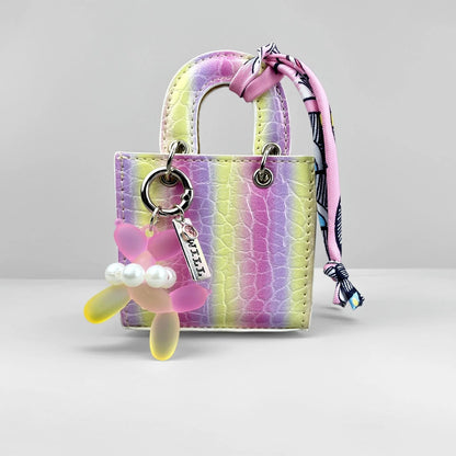 Mini PU Leather Rainbow Bag Charm - Gradient Balloon Dog Keychain Holder for Earbuds, Charger Cable & Gifts